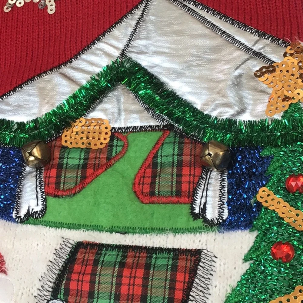 Merry & Bright Fuzzy Embroidered Santa Rudolph Camp Funny Ugly Christmas Sweater